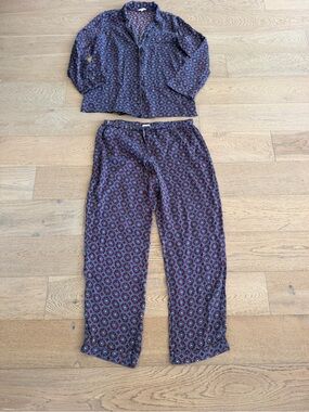 Naked 100% Silk Pajama Set Womens Medium Blue Red Floral Long Sleeve Pants PJ
